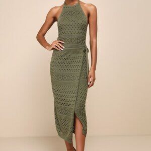 Lulus Blissful Strolls Olive Green Crochet Faux-wrap Halter Midi Dress - Size XS